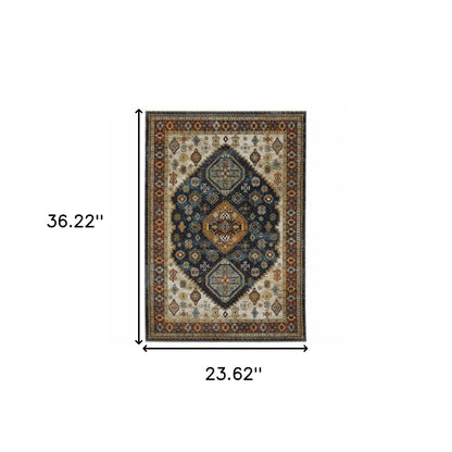 2' X 3' Blue Rust Red Beige Orange Gold And Tan Oriental Power Loom Stain Resistant Area Rug With Fringe