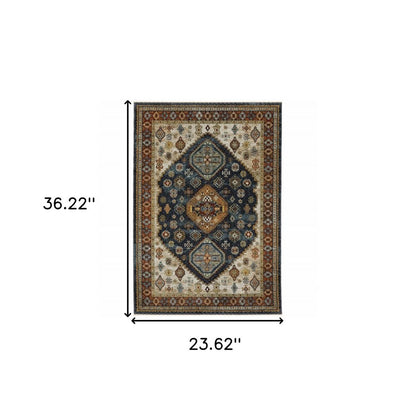 2' X 3' Blue Rust Red Beige Orange Gold And Tan Oriental Power Loom Stain Resistant Area Rug With Fringe