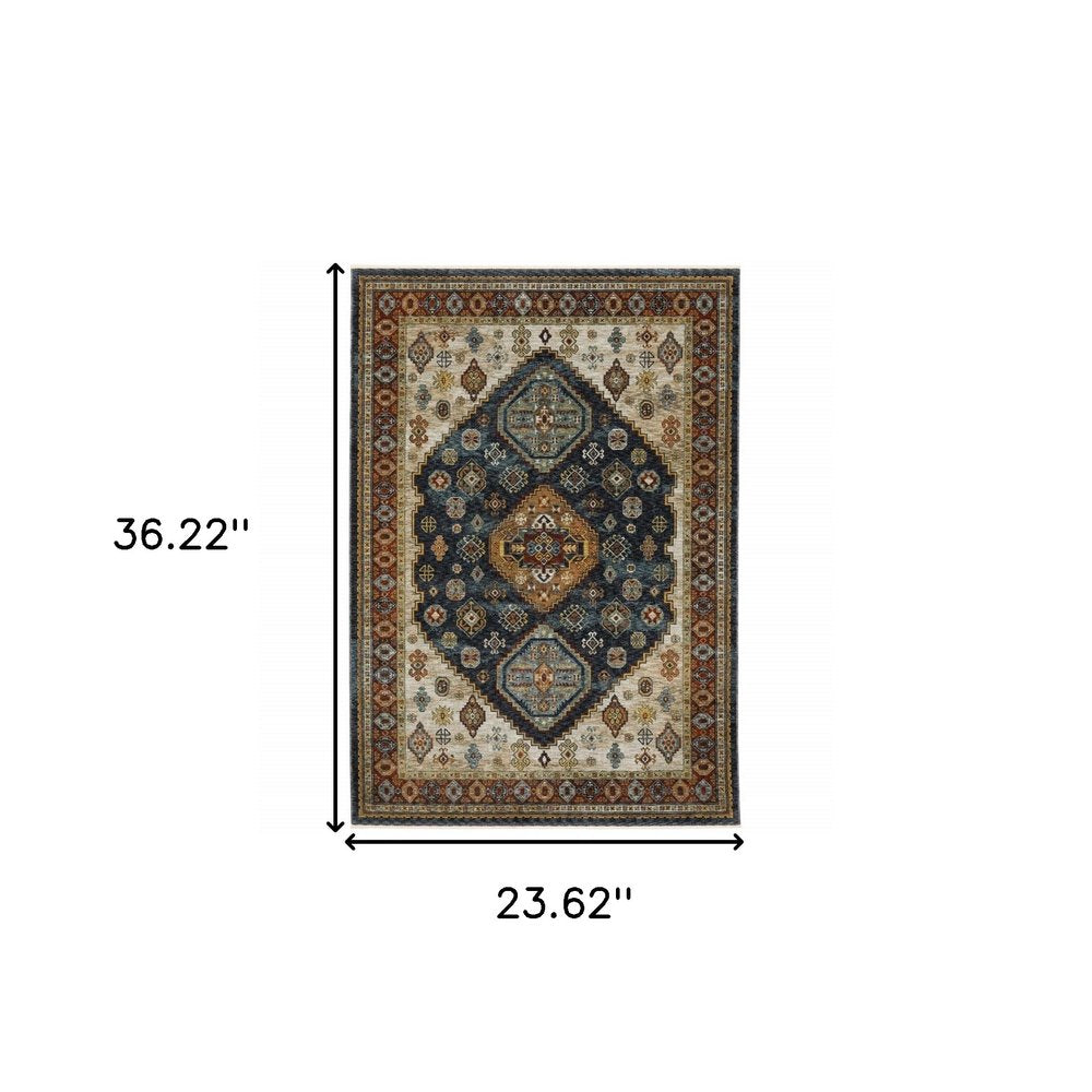 2' X 3' Blue Rust Red Beige Orange Gold And Tan Oriental Power Loom Stain Resistant Area Rug With Fringe