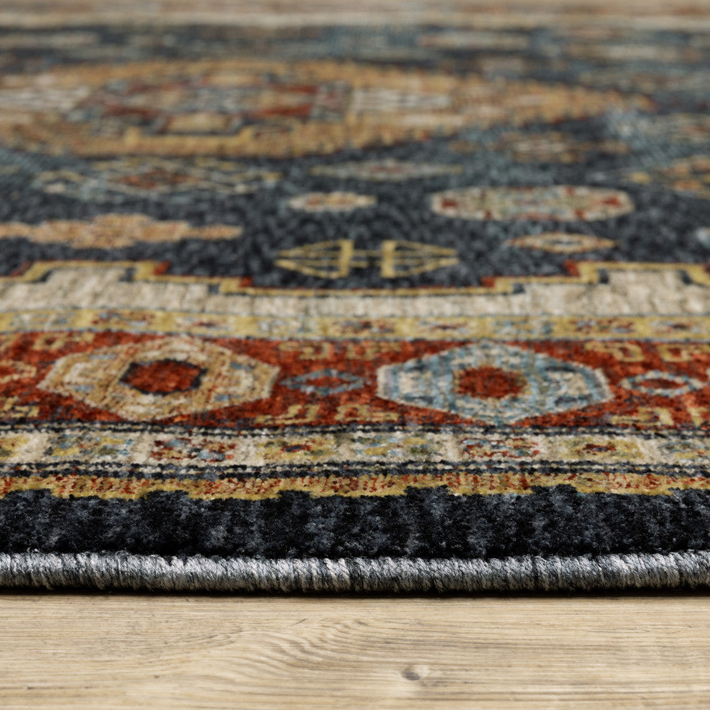 2' X 3' Blue Rust Red Beige Orange Gold And Tan Oriental Power Loom Stain Resistant Area Rug With Fringe