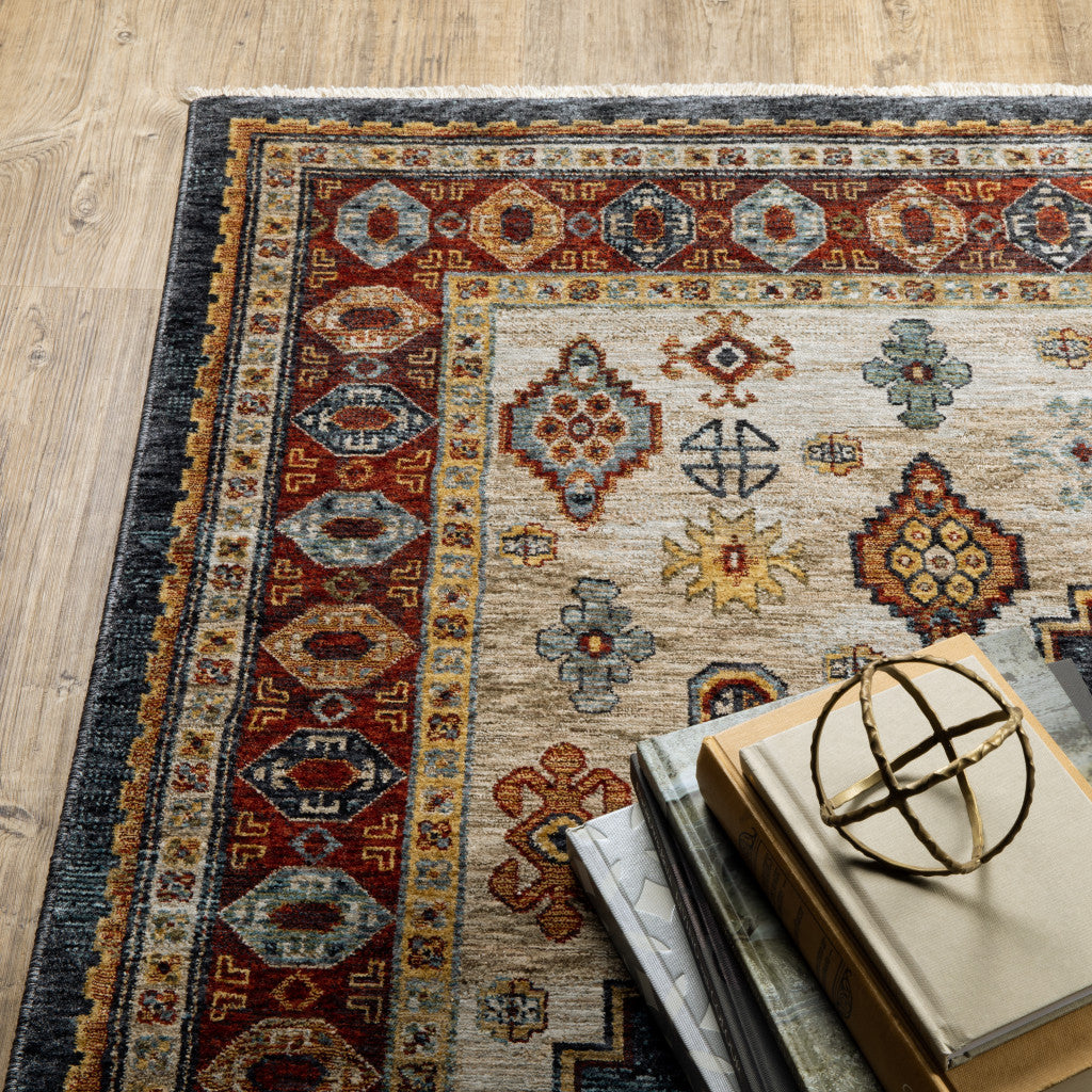 3' X 5' Blue Red Beige Orange Gold And Tan Oriental Power Loom Stain Resistant Area Rug With Fringe