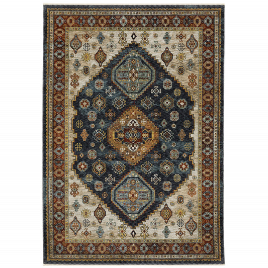 6' X 9' Blue Red Beige Orange Gold And Tan Oriental Power Loom Stain Resistant Area Rug With Fringe