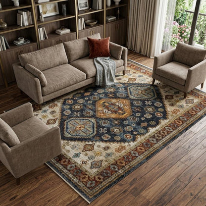 7' X 10' Blue Beige And Orange Oriental Area Rug With Fringe