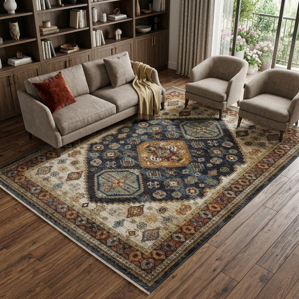 7' X 10' Blue Beige And Orange Oriental Area Rug With Fringe