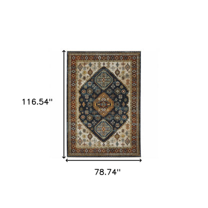 6' X 9' Blue Red Beige Orange Gold And Tan Oriental Power Loom Stain Resistant Area Rug With Fringe