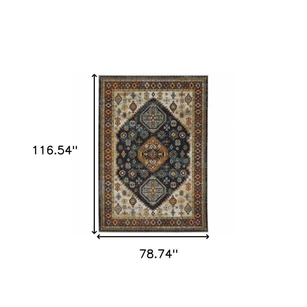 7' X 10' Blue Beige And Orange Oriental Area Rug With Fringe
