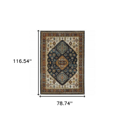 7' X 10' Blue Beige And Orange Oriental Area Rug With Fringe