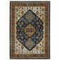 7' X 10' Blue Beige And Orange Oriental Area Rug With Fringe