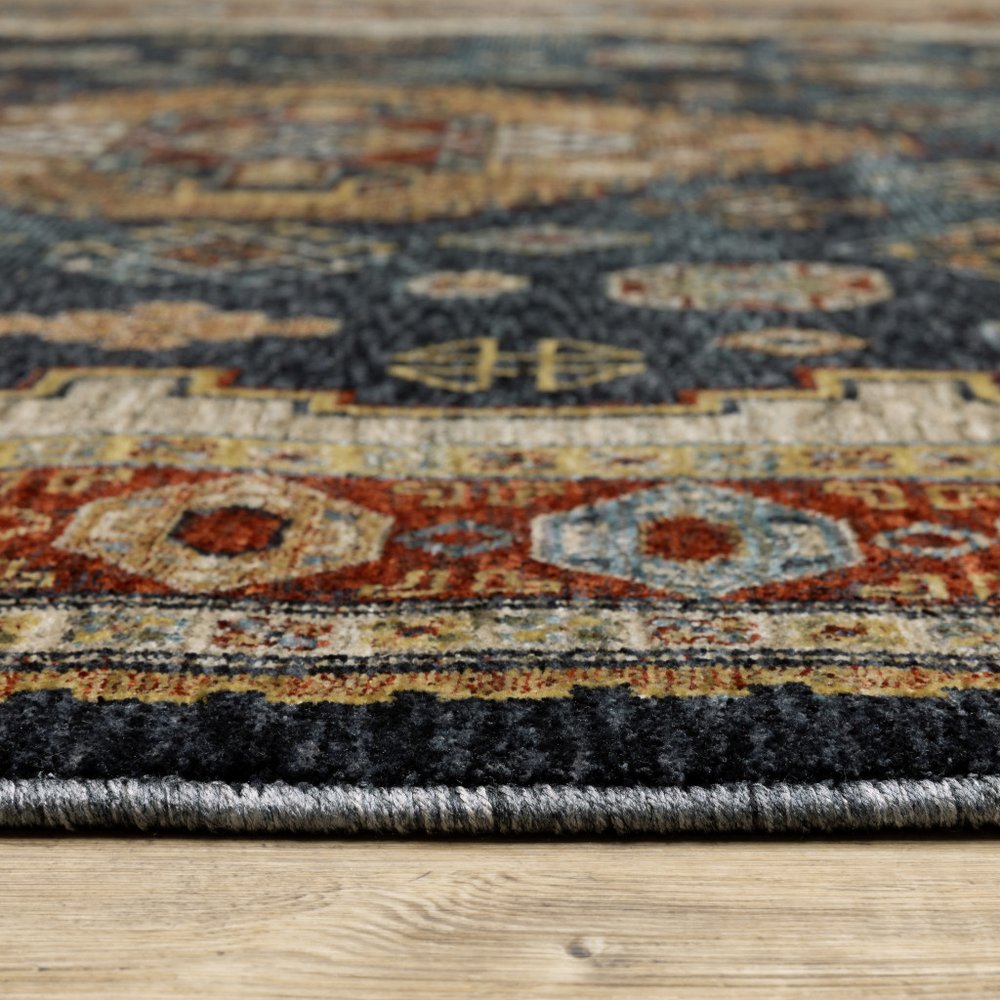 7' X 10' Blue Beige And Orange Oriental Area Rug With Fringe