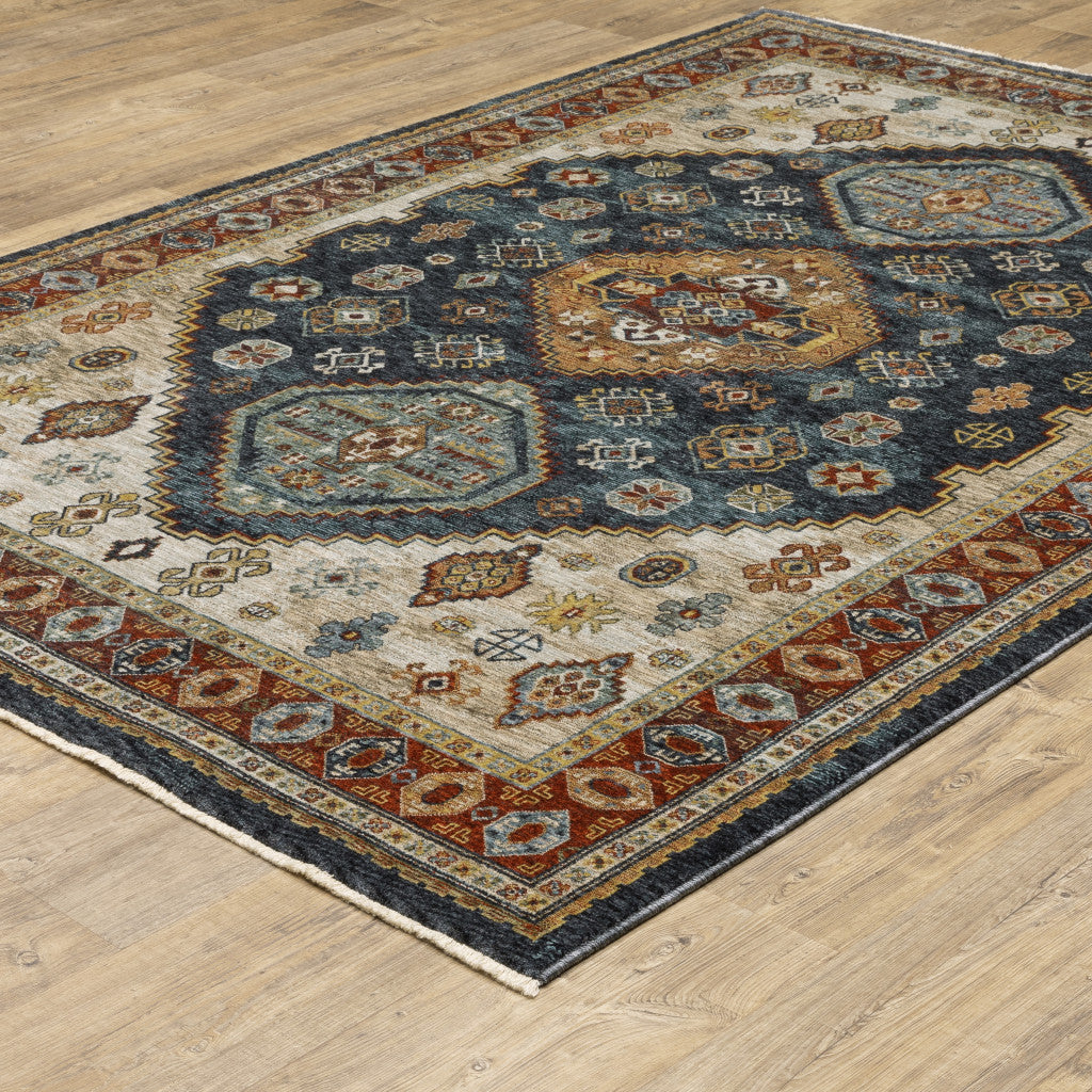 6' X 9' Blue Red Beige Orange Gold And Tan Oriental Power Loom Stain Resistant Area Rug With Fringe