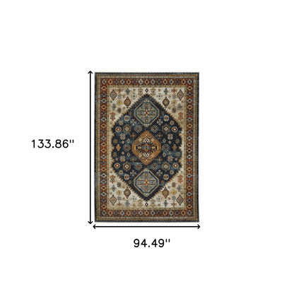 8' X 11' Blue Red Beige Orange Gold And Tan Oriental Power Loom Stain Resistant Area Rug With Fringe