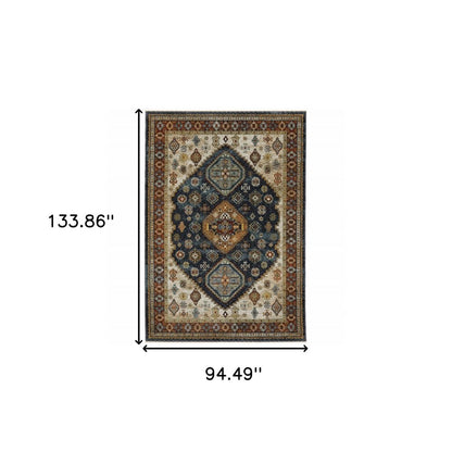 8' X 11' Blue Beige And Orange Oriental Area Rug With Fringe