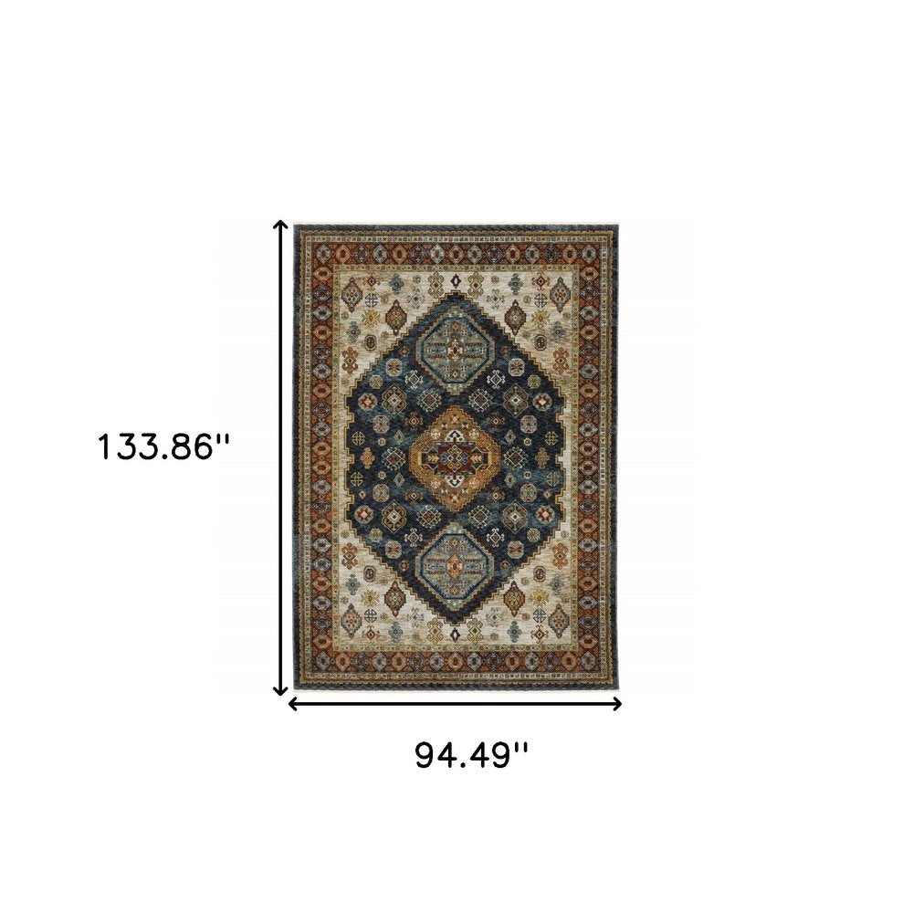 8' X 11' Blue Beige And Orange Oriental Area Rug With Fringe