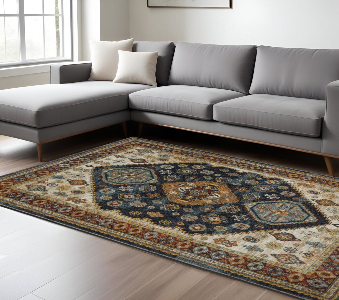 8' X 11' Blue and Beige Oriental Power Loom Area Rug With Fringe