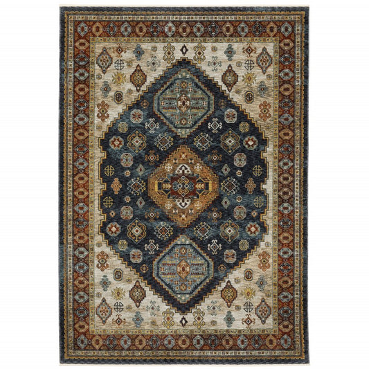 8' X 11' Blue Beige And Orange Oriental Area Rug With Fringe
