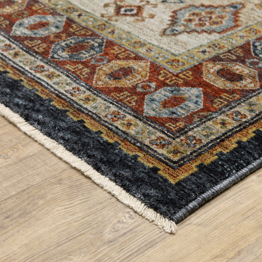 8' X 11' Blue Beige And Orange Oriental Area Rug With Fringe