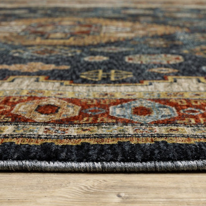 8' X 11' Blue Beige And Orange Oriental Area Rug With Fringe