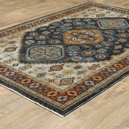 8' X 11' Blue Red Beige Orange Gold And Tan Oriental Power Loom Stain Resistant Area Rug With Fringe