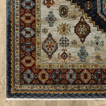 8' X 11' Blue and Beige Oriental Power Loom Area Rug With Fringe