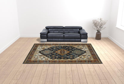 10' X 13' Blue Red Beige Orange Gold And Tan Oriental Power Loom Stain Resistant Area Rug With Fringe