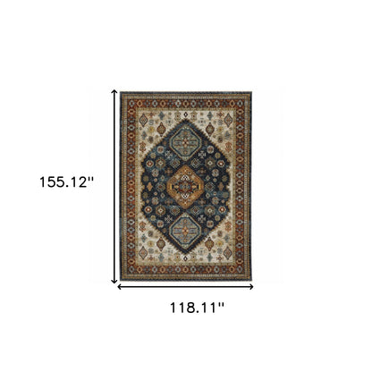 10' X 13' Blue Red Beige Orange Gold And Tan Oriental Power Loom Stain Resistant Area Rug With Fringe