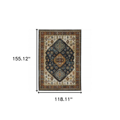 10' X 13' Blue Red Beige Orange Gold And Tan Oriental Power Loom Stain Resistant Area Rug With Fringe