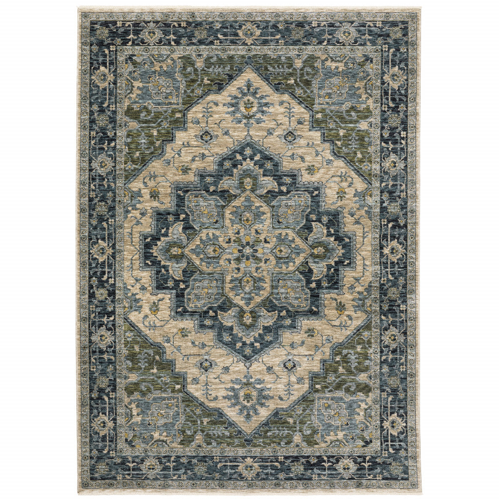 2' X 3' Blue Grey Beige Tan Green And Gold Oriental Power Loom Stain Resistant Area Rug With Fringe