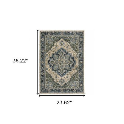 2' X 3' Blue Grey Beige Tan Green And Gold Oriental Power Loom Stain Resistant Area Rug With Fringe