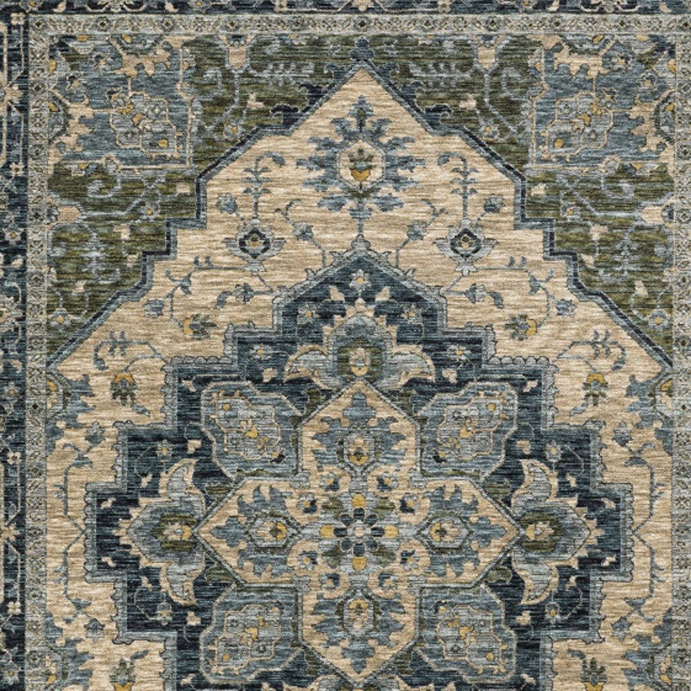 2' X 3' Blue Grey Beige Tan Green And Gold Oriental Power Loom Stain Resistant Area Rug With Fringe