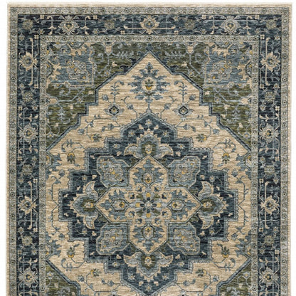 2' X 3' Blue Grey Beige Tan Green And Gold Oriental Power Loom Stain Resistant Area Rug With Fringe