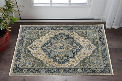 2' X 3' Blue Grey Beige Tan Green And Gold Oriental Power Loom Stain Resistant Area Rug With Fringe