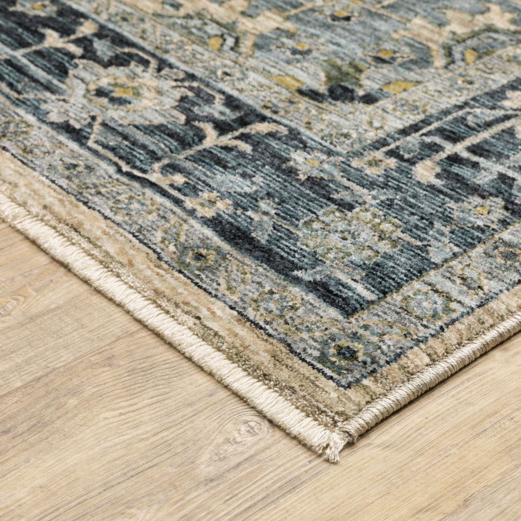 2' X 3' Blue Grey Beige Tan Green And Gold Oriental Power Loom Stain Resistant Area Rug With Fringe