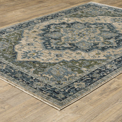 2' X 3' Blue Grey Beige Tan Green And Gold Oriental Power Loom Stain Resistant Area Rug With Fringe