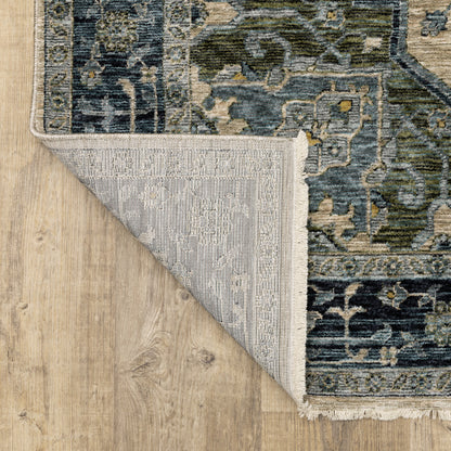 2' X 3' Blue Grey Beige Tan Green And Gold Oriental Power Loom Stain Resistant Area Rug With Fringe