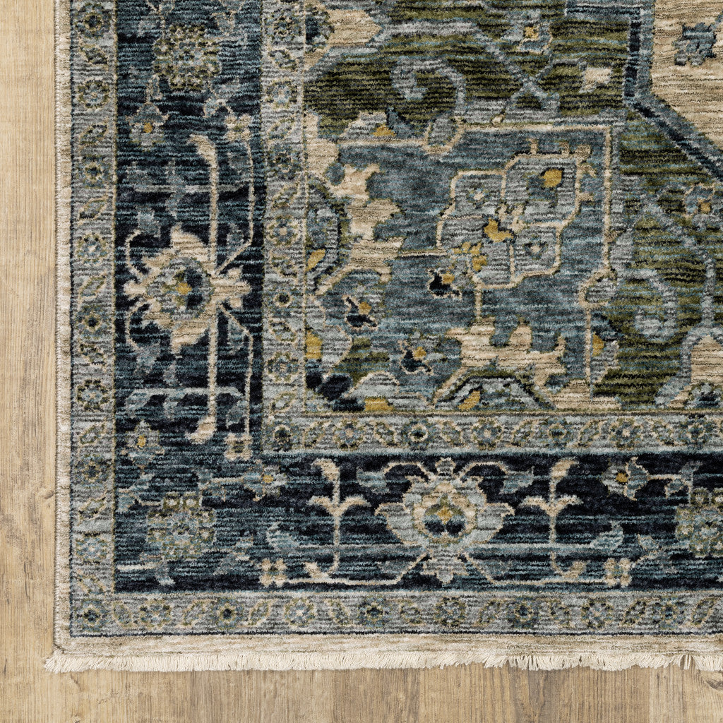 2' X 3' Blue Grey Beige Tan Green And Gold Oriental Power Loom Stain Resistant Area Rug With Fringe