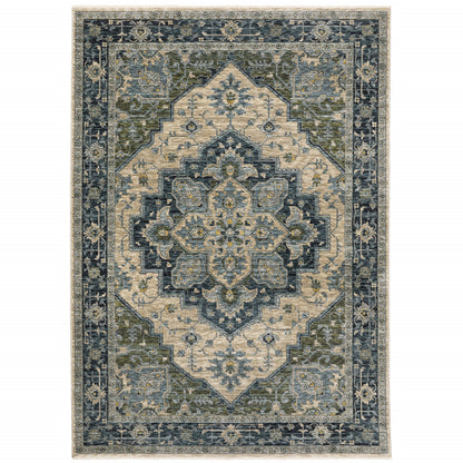 6' X 9' Blue Grey Beige Tan Green And Gold Oriental Power Loom Stain Resistant Area Rug With Fringe