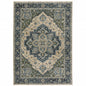 6' X 9' Blue Grey Beige Tan Green And Gold Oriental Power Loom Stain Resistant Area Rug With Fringe