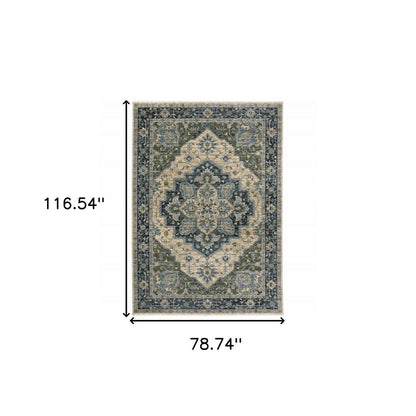 7' X 10' Blue And Beige Oriental Area Rug With Fringe