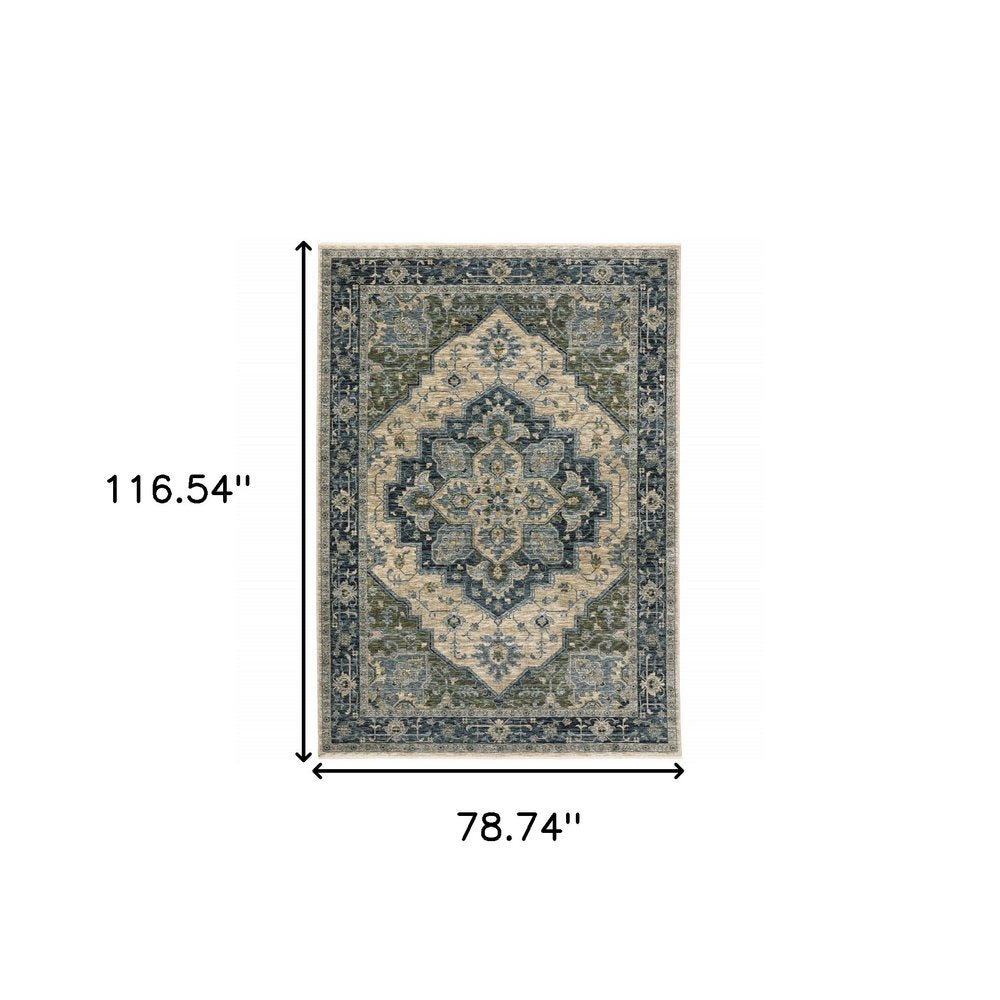 7' X 10' Blue And Beige Oriental Area Rug With Fringe