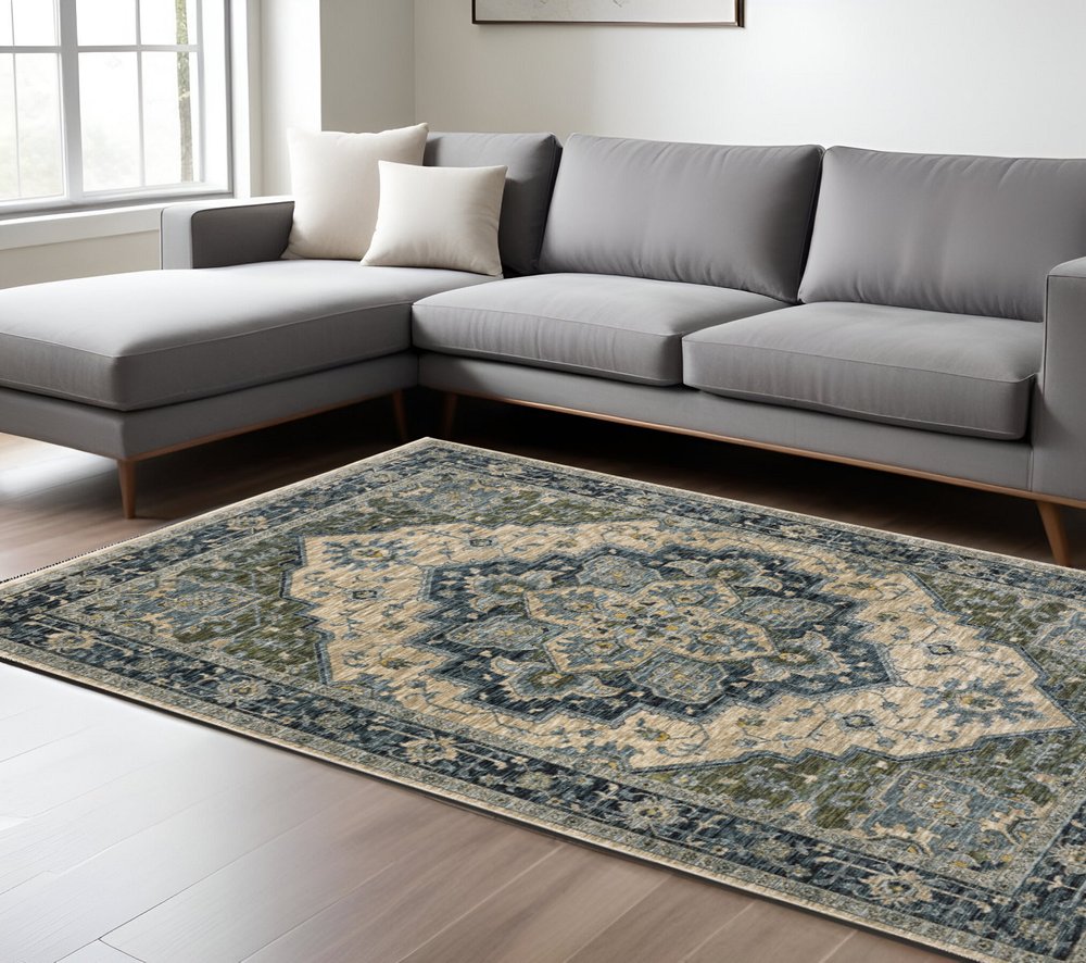 7' X 10' Blue And Beige Oriental Area Rug With Fringe