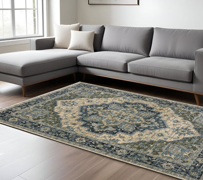 7' X 10' Blue And Beige Oriental Area Rug With Fringe