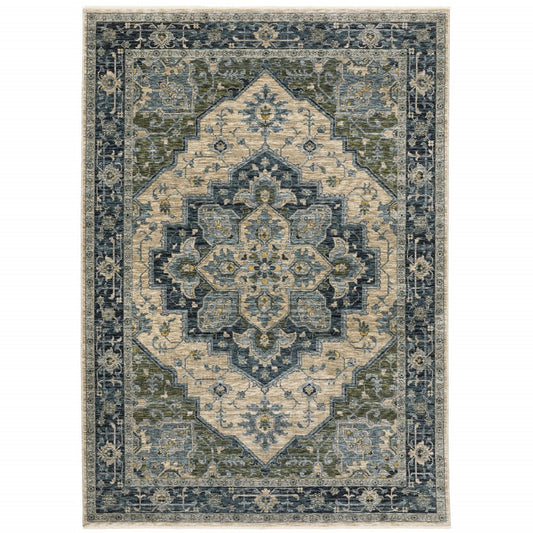 7' X 10' Blue And Beige Oriental Area Rug With Fringe