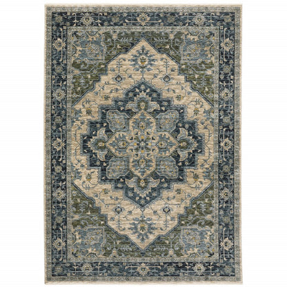 7' X 10' Blue And Beige Oriental Area Rug With Fringe