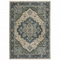 7' X 10' Blue And Beige Oriental Area Rug With Fringe