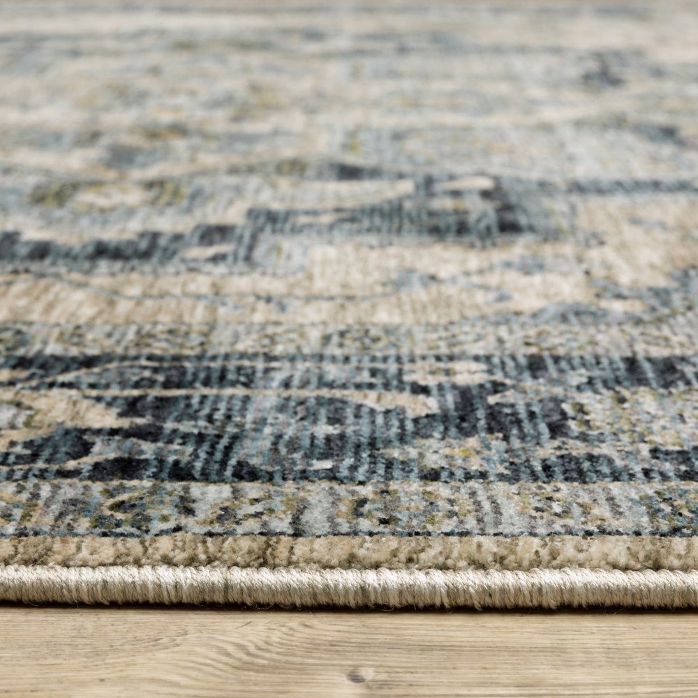 7' X 10' Blue And Beige Oriental Area Rug With Fringe
