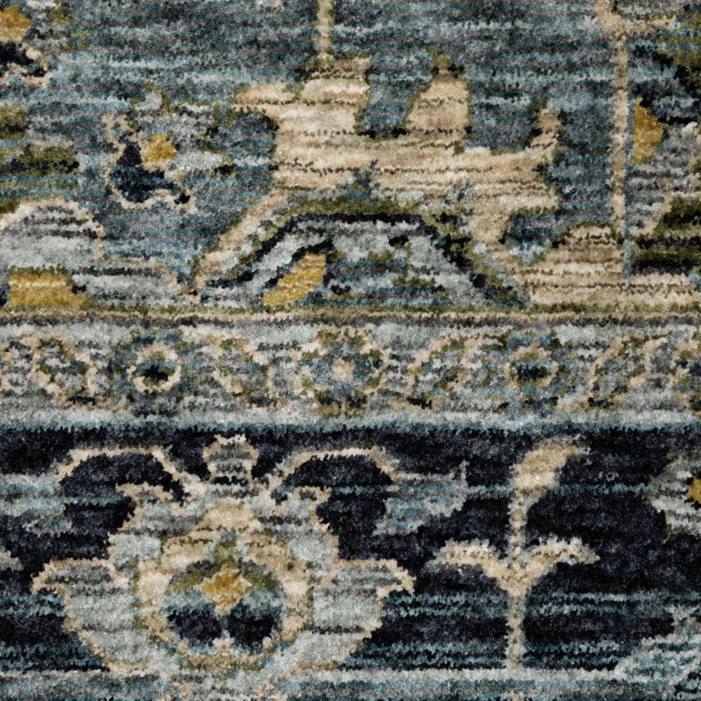 7' X 10' Blue And Beige Oriental Area Rug With Fringe