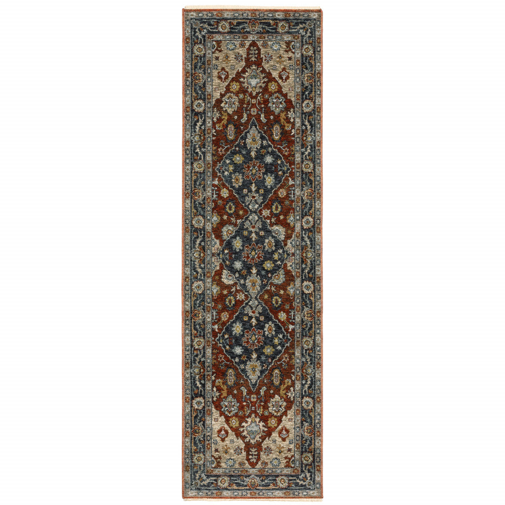 2' X 8' Blue Beige Tan Brown Gold And Rust Red Oriental Power Loom Stain Resistant Runner Rug With Fringe