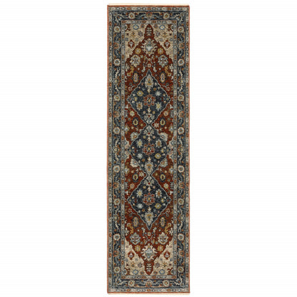 2' X 8' Blue Beige Tan Brown Gold And Rust Red Oriental Power Loom Stain Resistant Runner Rug With Fringe