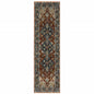 2' X 8' Blue Beige Tan Brown Gold And Rust Red Oriental Power Loom Stain Resistant Runner Rug With Fringe