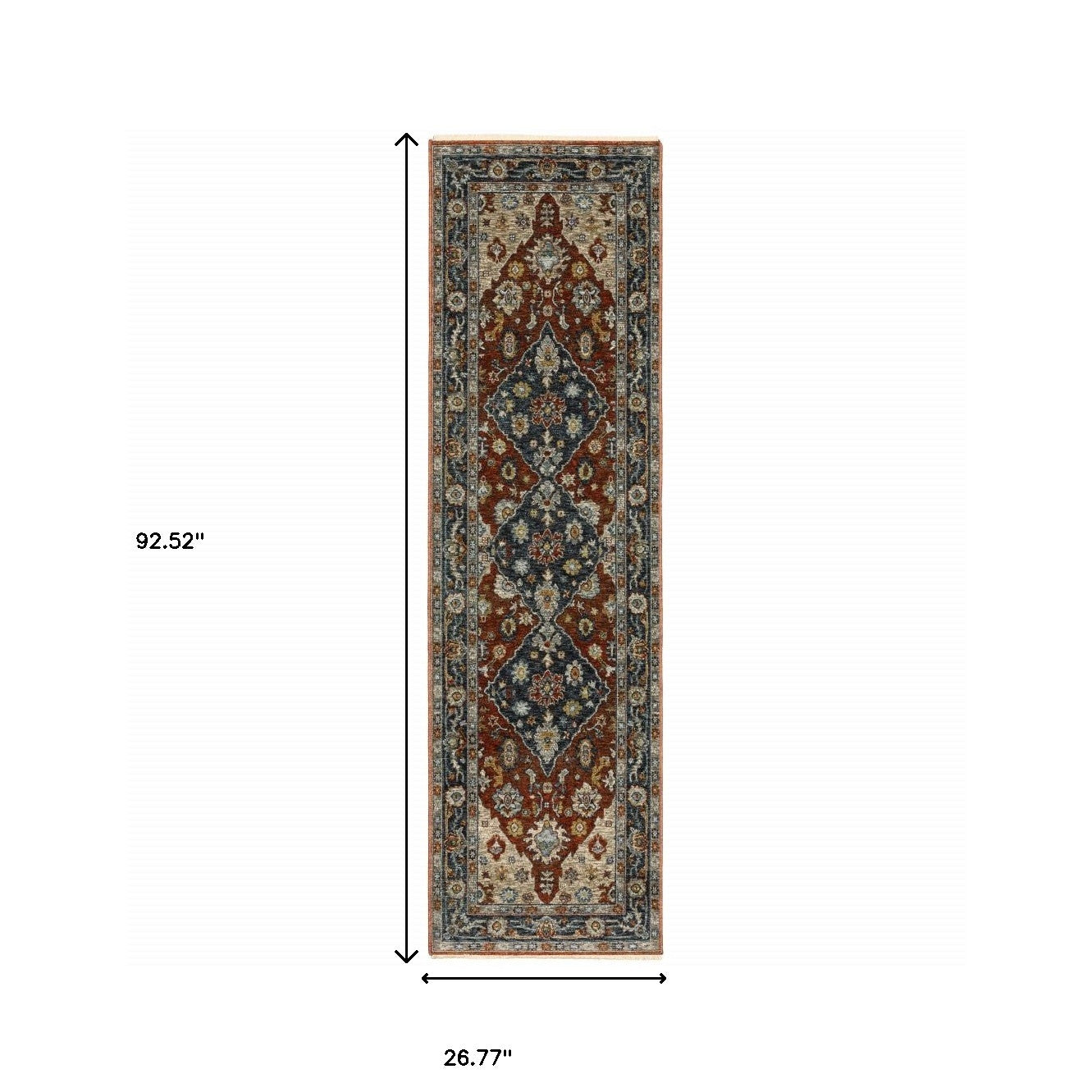 2' X 8' Blue Beige Tan Brown Gold And Rust Red Oriental Power Loom Stain Resistant Runner Rug With Fringe